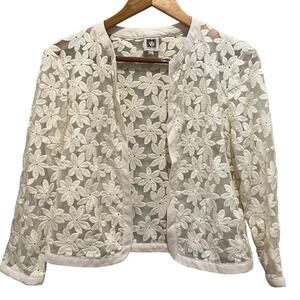 ANNE KLEIN Ivory Cream Beige Daisy Jacket Sz 4 Open Style Embroidered Preppy
